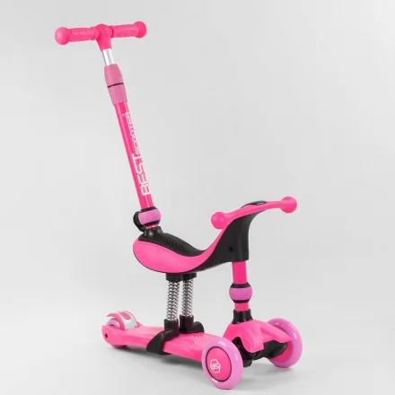 Дитячий самокат-велобіг 3в1 триколісний Best Scooter рожевий колеса PU зі світлом сидіння батьківська ручка в коробці